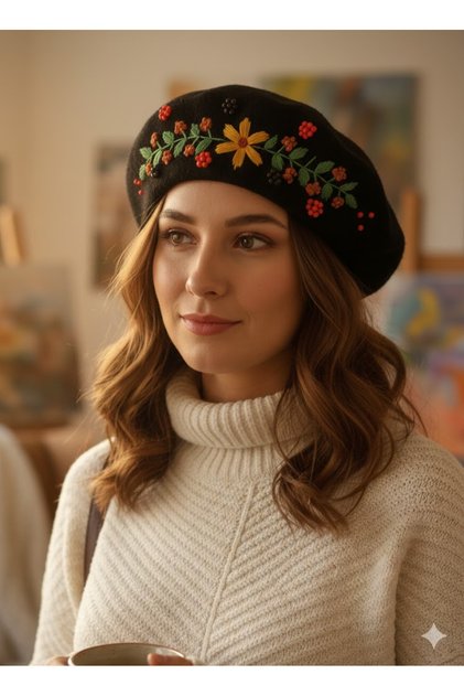 Atölye Arakne Nakışlı ve Boncuklu Çiçek Desenli Siyah Keçe Ressam Bere
