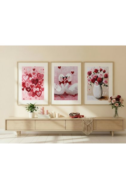 Wooden Framed Valentine's Day Collection Painting Set Huhu694 - Triple Painting Set Natural Wooden Frame