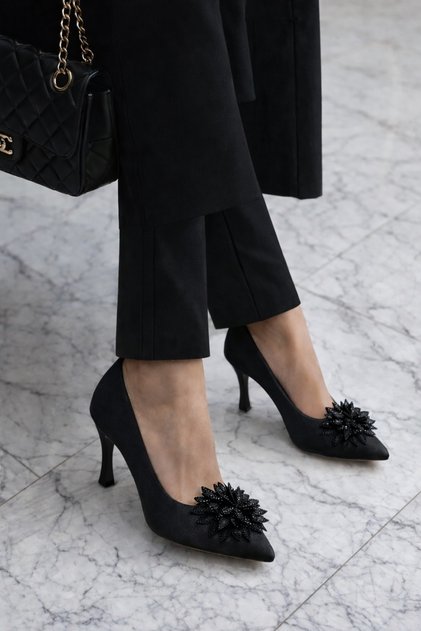 ✨   Stone Detailed Floral Appliqué Women's Heeled Shoes (Gray & Black) – Elegant Sophistication