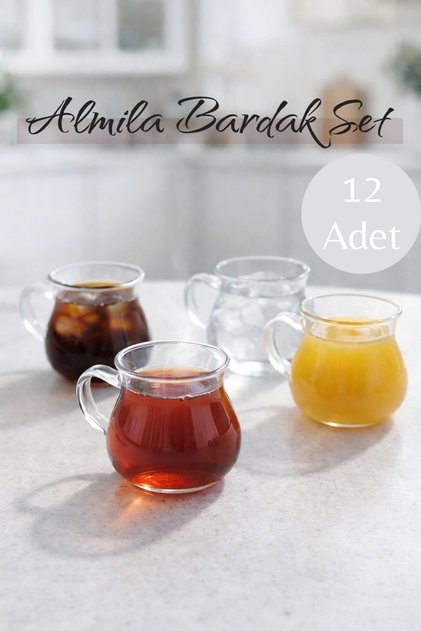 12’li 200 ML Borosilikat Kulplu Cam Almila Bardak Seti Isıya Dayanıklı Şeffaf KW-731