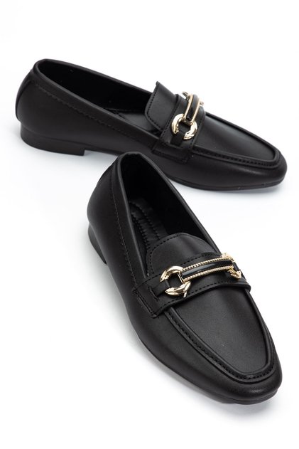 Women's Black Leather Buckle Detailed Lightweight Orthopedic Ballerinas