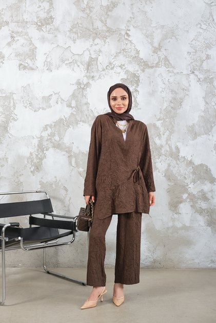 Women's Self-Patterned Kimono Set Brown