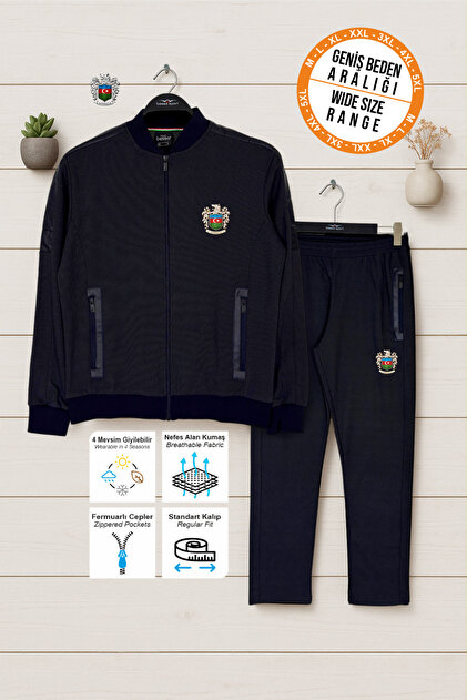 Navy Blue Tracksuit Set Azerbaijan Flag Printed Zipper Pocket Straight Leg Patterned Fabric Men's