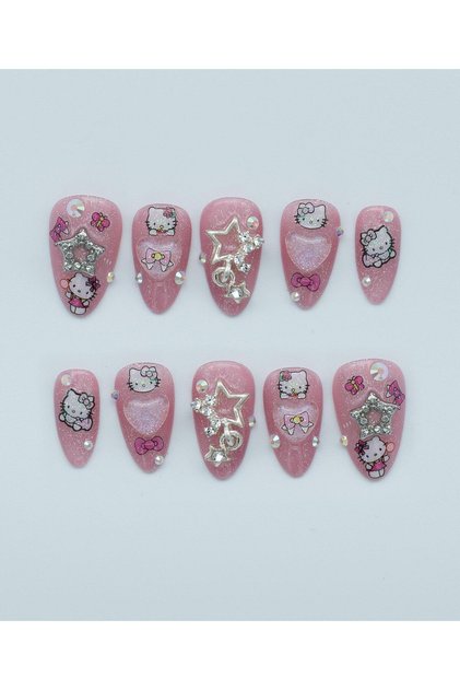 Kitty Cat Protez Jel Takma Tırnak - El Yapımı Kalıcı Oje Nail Art Star Charm Hello Sticker - NC137