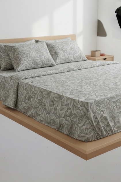Cotton Ranforce Fabric Elasticized Double Bed Sheet Set/ Flowered Green 160X 200