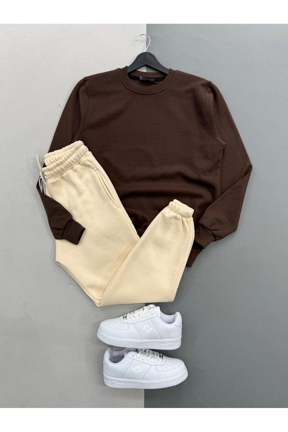 Unisex Fashion 3-Yarn Shardooned Crewneck Brown Sweatshirt Beige Sweatpants 2-Piece Set