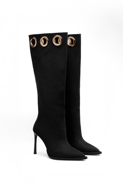 Black Thin Heeled Below-The-Knee Women's Boots – Gold Ring Detail