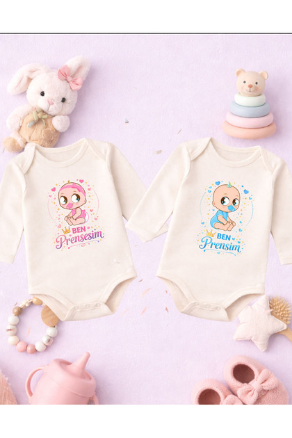 Baby Bodysuit with Text Printed Twin Baby Prince Princess (Double Set Printed 100% Cotton Bodysuit (Newborn & Infant)
