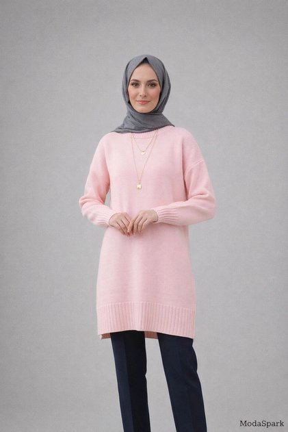 Women's Pink Crew Neck Oversize Knitwear Tunic Sweater