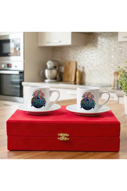 Peacock Angel Tawis Design Velvet Red Colored Boxed Set of 2 Porcelain Coffee Cups