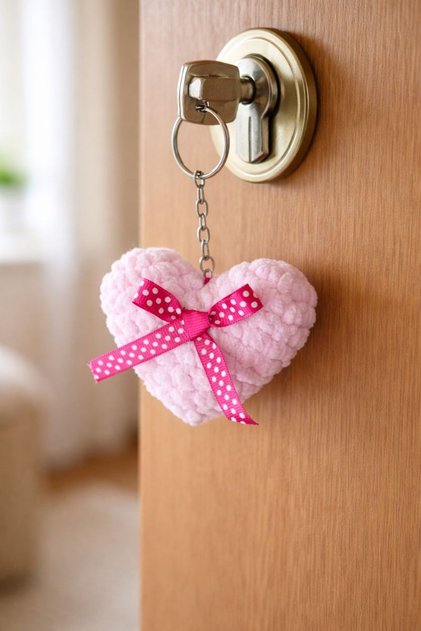 Handmade Knitted Pink Heart Keychain Bag Ornament