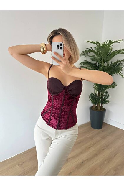 Misscix Kadın Kaplı Askılı Korseli Kadife Crop Bluz - Fiyatı