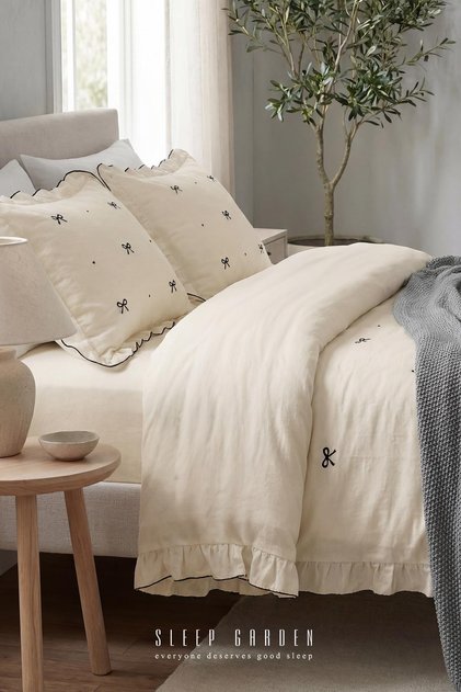 Esen Duvet Cover Set Embroidered 100% Cotton Bow Patterned Cream Single