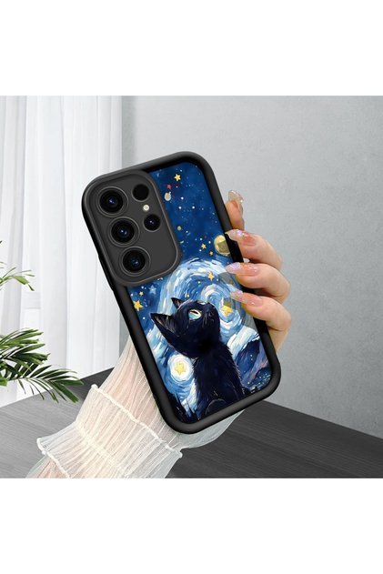 Samsung Galaxy S23 Ultra Compatible Silicone Material Shockproof Black Color Case Cat Pattern