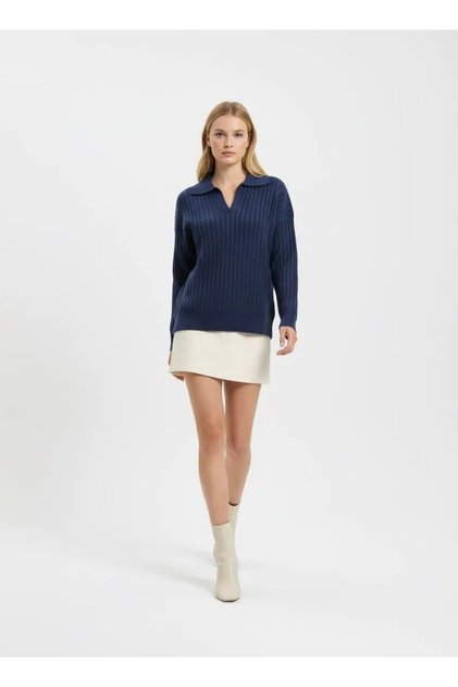 Women's Polo Neck Half Placket Ribbed Knit Oversized Knitwear Sweater