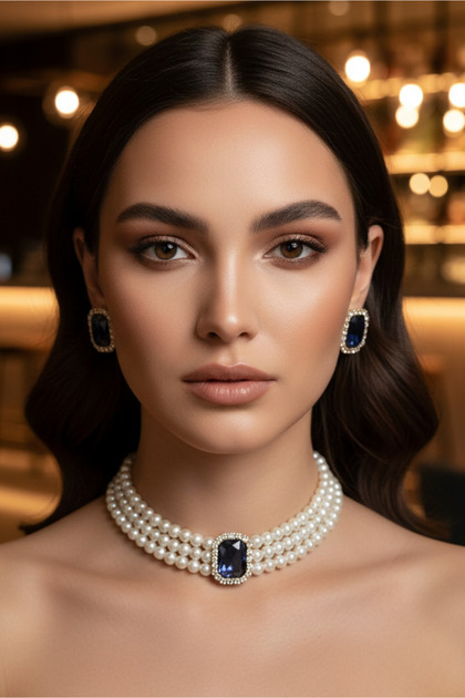 Cam İncili Gold Kaplama Lacivert Baget Taşlı Tasma Choker Kolye Özel Tasarım Kolye Set Küpe Takım