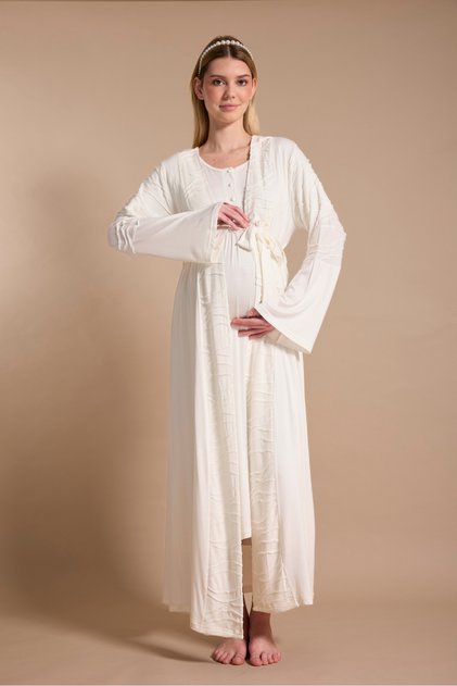 Ecru Maternity Dressing Gown & Nightgown Set - Cotton Breastfeeding Compatible Maternity Hospital Set