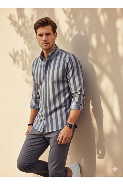 Wide Striped Long Sleeve Men's Shirt