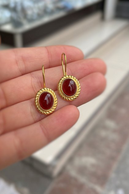 Gümüş sallantılı akik taşlı altın kaplama küpe hs853b2