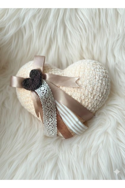 Handmade Knitted Beige Heart Decorative Pillow Valentine's Day