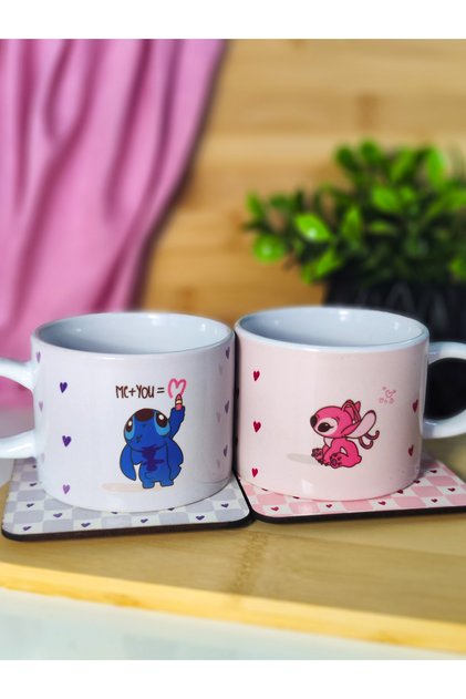Stitch ve Angel 2’li Çift Sevgili Kupası Bardak Kahve Çay Fincanı ve Bardak Altı
