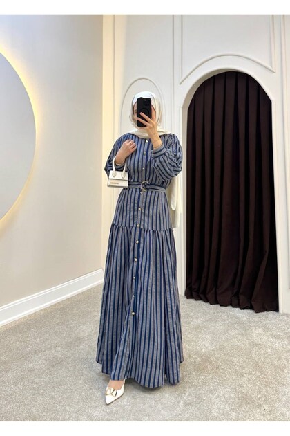 Women's Striped Belted Long Hijab Dress
