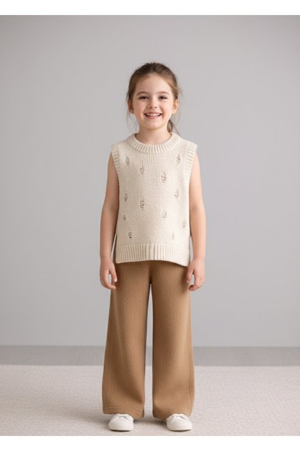 Cotton Hole Detailed Crew Neck Sweater and Knitwear Pants Top and Bottom Set