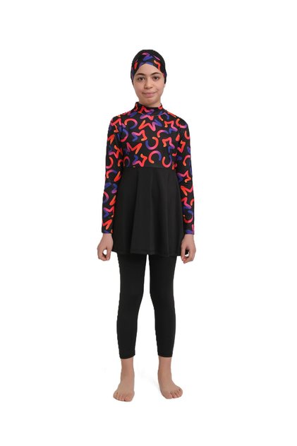 Girl's Pleated Long Sleeve Full Covered Hijab Swimsuit