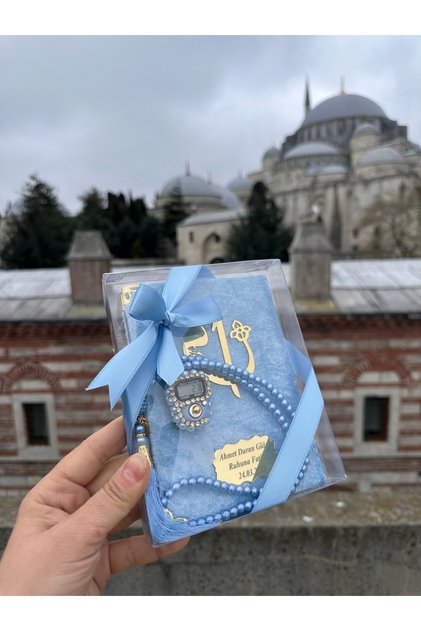 Mavi Asetat Kutuda Yasin İnci Tesbih ve Zikirmatik Seti (10 Adet)