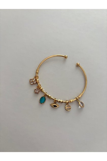 Nazar Blue Eye and Flower Figure Zircon Stone Charm Adjustable Light Gold Bracelet