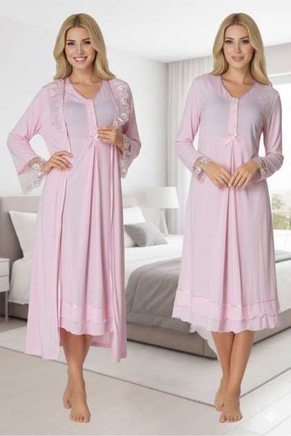 Women's Pink Elegant Lace Detailed Long Sleeve Special Design Cotton Dressing Gown Nightgown Set of 2