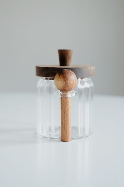 Akasya Vacuum Lid Striped Glass Jar with Spoon (450 ml)