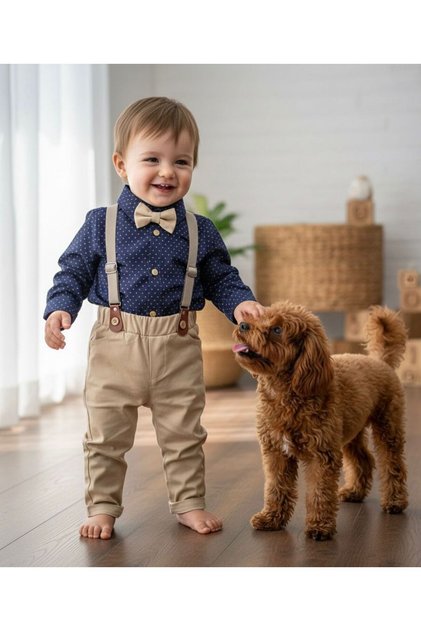 Baby Boy Suit with Bow Tie, Suspender Belt, and Snap Buttons at the Bottom