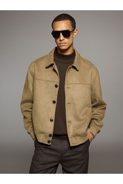 Beige Standard Fit Men's Suede Coat