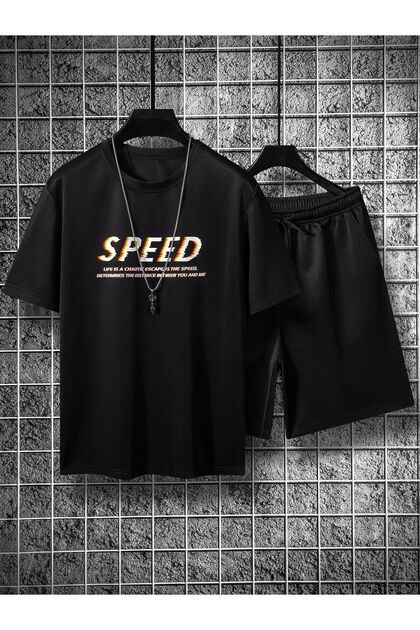 Summer Speed Printed Boys' Black Top and Bottom Shorts T-Shirt Set