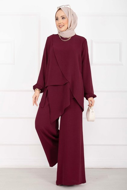 Asymmetrical Cut Aerobin Hijab Two-Piece Set Burgundy