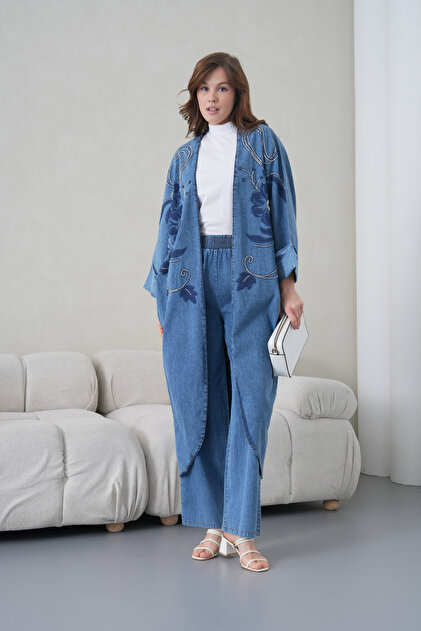 Women's Front Embroidered Beaded Denim Kimono Cardigan and Jeans Two-Piece Set