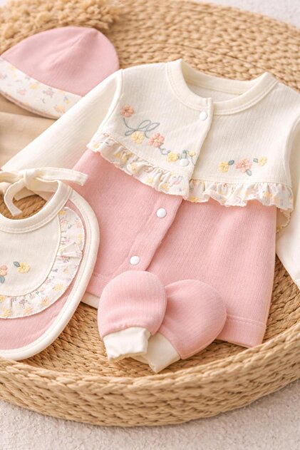 BYS BABY FASHION Flower Çiçek Nakışlı %100 Pamuk Yenidoğan Kız