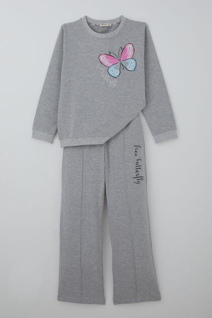 Set trening pentru fete, pantaloni cu imprimeu fluturi, cusături cu fir de iarbă, 4-8 ani, gri deschis melanj