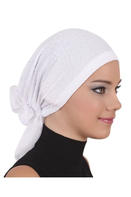 Brocade Tulle White Ready-To-Wear Turban Hijab Bonnet Suitable for Medical Use