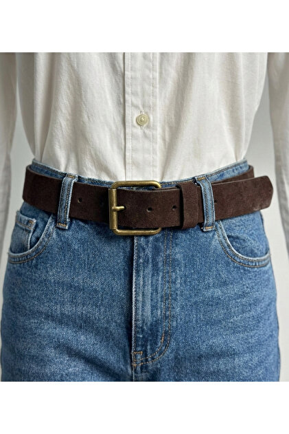 Women's Bitter Brown Antique Gold Buckle Suede Belt Be3012