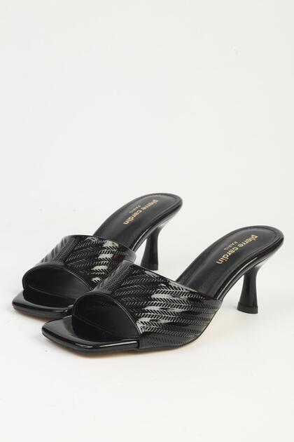 Women's Black Patent Leather Women's Heeled Slippers Pc-55762