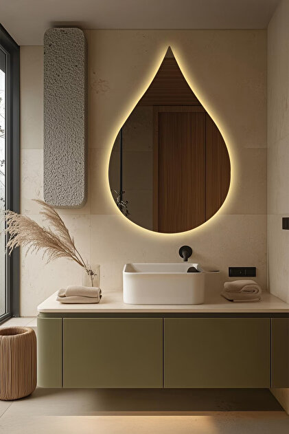 Modern Asimetrik LED Işıklı Dekoratif Duvar Aynası - Arkadan Aydınlatmalı Özel Kesim Banyo Aynası