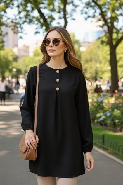 Black Gofre Fabric Draped Tunic with Slits on the Sides and Zero Neckline