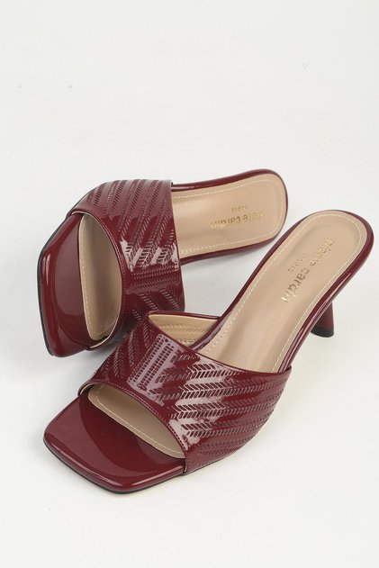 Women's Burgundy Patent Leather Women's Heeled Slippers Pc-55762