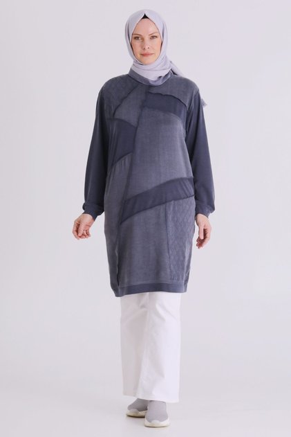 Plus Size Crew Neck Patchwork Detailed Hijab Tunic 20137
