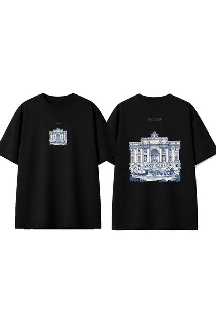 Rome 2 Design Printed Black Oversize T-Shirt