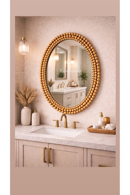 Oval Ahşap Boncuklu Duvar Aynası – Doğal Ahşap Banyo & Lavabo Aynası 45 cm