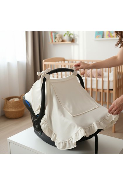 Ruffled Cream Stroller Cover, 100% Cotton, Stroller Cover with Window Details.