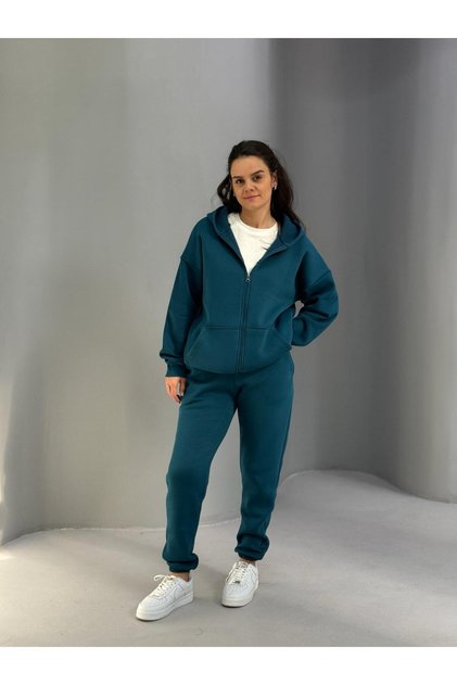 Women's 3 Threaded Hooded Zippered Petrol Sweatshirt-Sweatpants 2-Piece Set